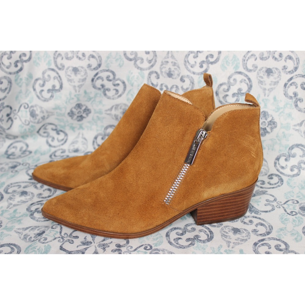 Nine West Suede Pointed Toe Ankle Boots Side‎ Zip Block Heel Tan Women's 9M